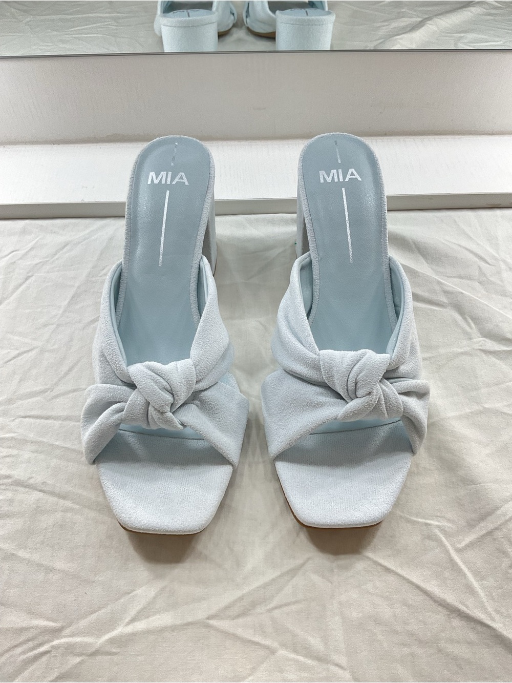 MIA Hanna Light Blue Knot Slide Mules Block Heel Sandals Coquette Y2K Loungewear